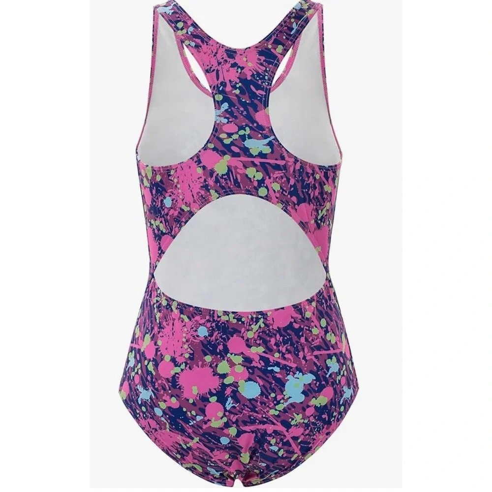 Beleroy Sports Girls One Piece Swimsuit Paint Splatter Pink Purple Size 10 NWT